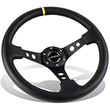 NRG Steering Wheel - 06 Deep Dish - 350mm 13.78 inches - Black Leather with Black Spokes/Yellow Stripe - Part # ST-006BK-Y by NRG Innovations