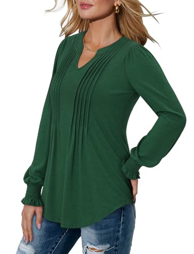 BETTE BOUTIK Long Sleeve Shirts for Women Fall Tops Dressy Blouses Pleated V Neck Tunic Tops for Leggings S-3XL