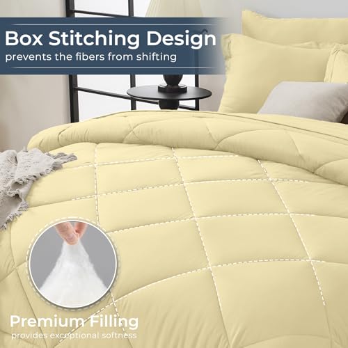 HEVUMYI Cream Yellow Queen Comforter Set - 7-Piece All Season Bed in a Bag Queen, Ultra Soft Bedding Set with Comforter, Flat Sheet, Fitted Sheet, Pillowcases, Pillow Shams