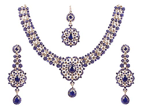 Touchstone New Indian Bollywood Desire Enchanting Floral Studded Diamond Look White Rhinestone Faux Blue Sapphire Indo-Western Bridal Designer Jewelry Necklace Set in Silver Tone for Women.