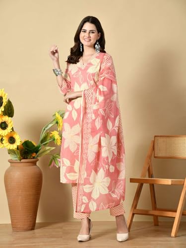 Image of Amazon Brand - Tavasya Women Cotton Anarkali Kurta Pant Dupatta Set | Printed Ethnic Suit Set | Flared Anarkali Kurta with Pant & Dupatta | Festive & Casual Wear
