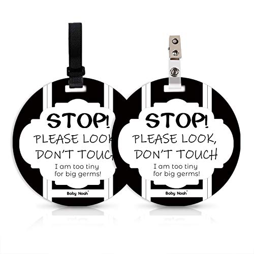 Image of No Touching Newborn Baby Car Set Sign or Stroller Tag, Do Not Touch Baby Sign for Baby Girl, Baby Preemie Gender Neutral No Touch Safety Sign with Hanging Straps and Clip (Black and White, 2 Pack Set)