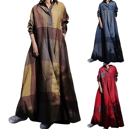 Robe en lin de coton ethnique rouge avec imprimé rétro chic et manches amples