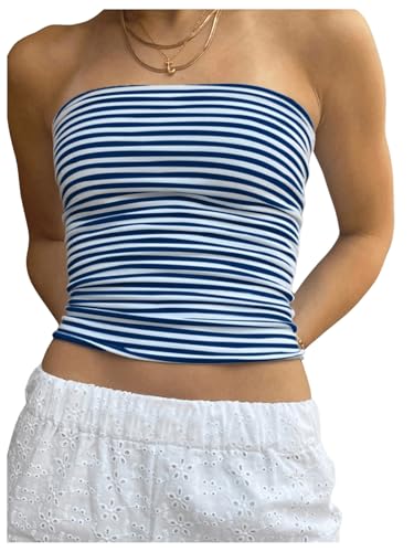 GORGLITTER Women's Striped Cropped Tube Top Strapless Y2K Bandeau Going Out Cute Crop Tops