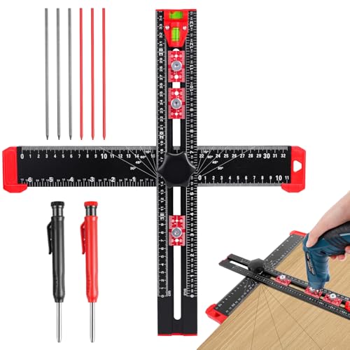 Flintronic Regla De Posicionamiento De Taladro 4 en 1, Regla Cuadrada en T, Ángulo de Alta Precisión, Marcado T Escuadra, para Carpinteros, Techadores e Ingenieros