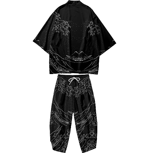 Image of DOSLAVIDA Men's Japanese Kimono Jacket Set Stylish Open Front Coat With Shorts Chinese Style Printed Cardigan Suit