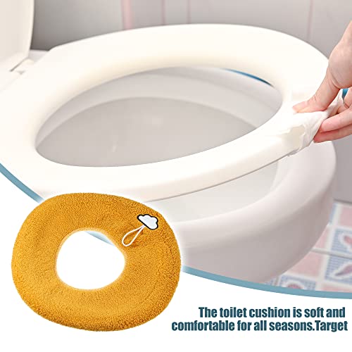 VOCOSTE 4 Stück dehnbarer, dicker WC-Sitzbezug mit Griff, Badezimmer-Wärmer, weiches WC-Sitzkissen, waschbar, wiederverwendbar, Gelb – Bild 3
