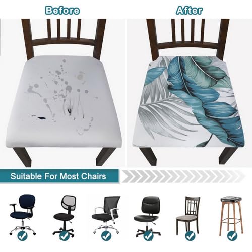 Image of SearchI Water Repellent Seat Covers for Dining Chairs, 6 Pack Jacquard Stretch Dining Room Chair Seat Covers, Kitchen Chair Seat Covers Protectors(Blue Foliage)