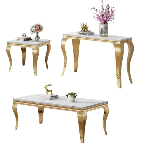Image of Luxury Coffee Table Set of 3, Coffee Table with End Table, Sofa Console Table, Modern 3 Piece Living Room Table Set with Faux Marble Top & Gold Stainless Steel S Legs for Apartment Home Office
