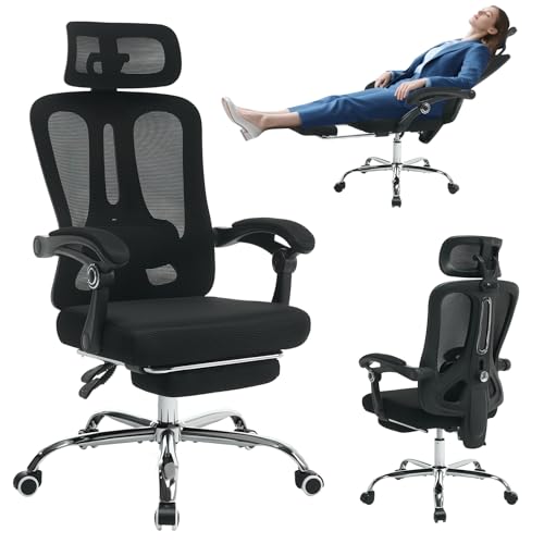 GarveeHome High Back Ergonomic Office Chair with Mesh Back, Retractable Footrest, Adjustable Headrest & Lumbar Support – Wide Computer Desk Chair with Wheels for Home Office or Bedroom, Black