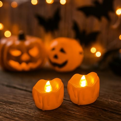 Image of 12 Pcs Orange Melting Tea Light Candles Battery Operated with Timer | Warm White Flickering Tealight, Battery Includes Last for 100+ Hours, for Thanksgiving Fall Autumn