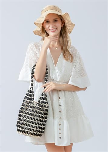 Pocadri Women Wooden Shoulder Bag Woven Beads Tote Handbag Hollow Bucket Underarm Purse Summer Casual Satchel3