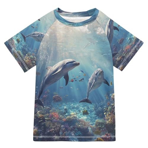 Toddler Boy Rash Guard Short Sleeve Swim Shirt Dolphin Print Rashguard 5-6T Beach Shirts Quick Dry,030