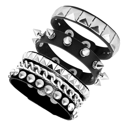 3 Pieces Punk Rock Leather Bracelets for Women Pop 80s 90s Emo Jewelry Accessories Retro Spiked Adjustable Wrap Wrist Cuffs