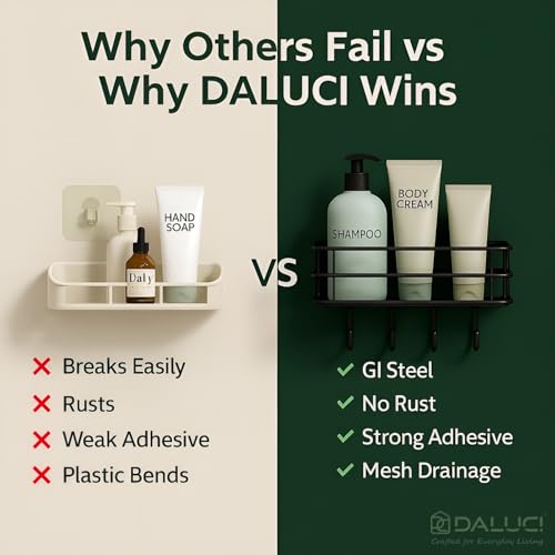 Image of DALUCI Bathroom Organiser Without Drill Self Adhesive Bathroom Shelf for Wall GI Steel Powder Coated Rustproof Bathroom Rack Stand for Shampoo Toiletries Heavy Duty (Black, Pack of 1)