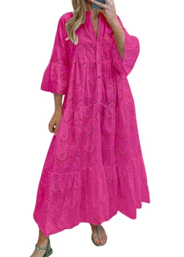 Image of chouyatou Women's 2026 Lace Eyelet Embroidery Maxi Dress V-Neck Trumpet Sleeve Boho Flowy Swing Dress