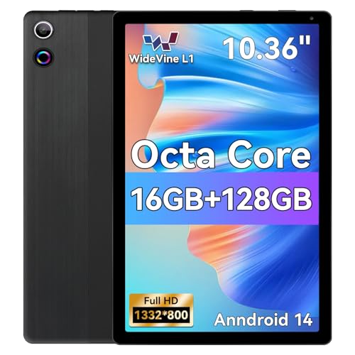 Ainmel Android Tablets, 10.36 Inch Tablet, Octa Core, 16GB RAM+128GB ROM (TF 1TB), 5000mAh, 1280x800 HD, WiFi 6, Bluetooth 5.4, 5MP+8MP Cameras Dual Speakers Game Tablets PC (Black)