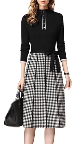 Image of LAI MENG FIVE CATS Women's Elegant Long Sleeve Sweater Plaid Knit Pullover Fall Midi Dress