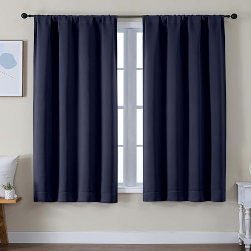 Image of Simplebrand Ava Navy Blue Blackout Curtains for Bedroom 63 Inch Length 2 Panels Set, Solid Thermal Insulated Privacy Living Room Window Treatment Curtains Blackout Drapes, W50 x L63 Inch