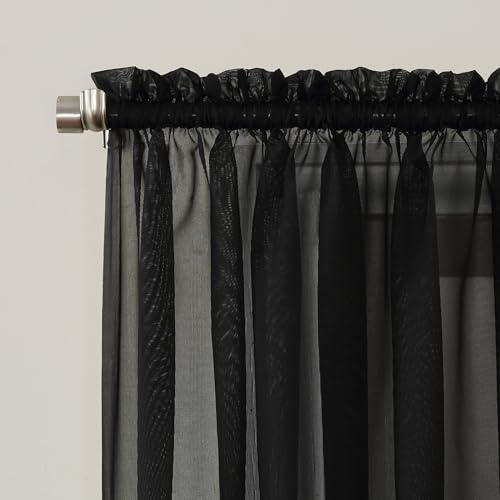 Image of No. 918 Emily Sheer Voile Rod Pocket Curtain Panel, 59 inch x 84 inch, Black