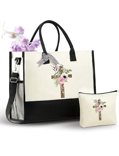 InnoBeta Christian Gifts for Women, Canvas Tote Bag with Top Zipper Closure and Shoulder Strap for Birthday, Christmas - Cross