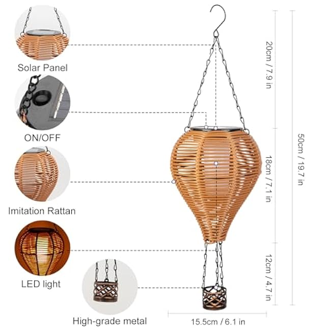 pearlstar Solar Hot Air Balloon Lantern with Flame Light Outdoor Hanging Solar Powered Lights Woven Solar Lantern Waterproof for Patio Yard Farmhouse Garden Wedding Holiday Decoration