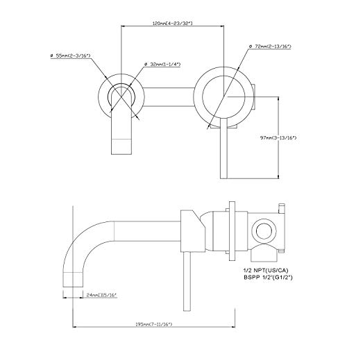 Waschtischarmatur aus Messing, zur Wandmontage, gebürstetes Gold