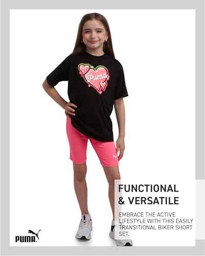 Image of PUMA Girls' Biker Short Set - 2 Piece Short Sleeve Crewneck Graphic Tee Shirt and Bike Shorts for Girls (Sizes: 7-14)