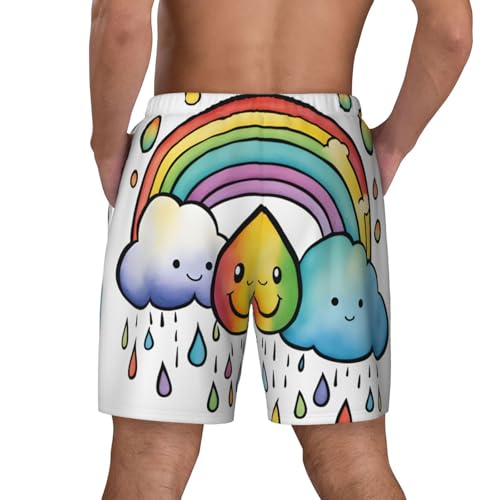 Rainbow Clouds Raindrop Men's Soft Double Swim Shorts, Lounge Swiming Shorts Pants Breathable Summer4