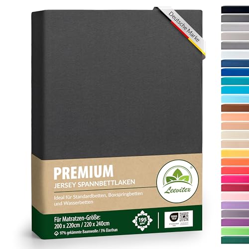 Premium Spannbettlaken extra schwer und dick 97% Mako-Jersey-Baumwolle und 3% Elasthan auch Boxspringbett geeignet 200 x 220-220 x 240 cm Anthrazit/Grau