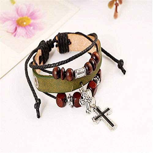 Bracelet en cuir pour femmes style vintage multicouche vert et perles