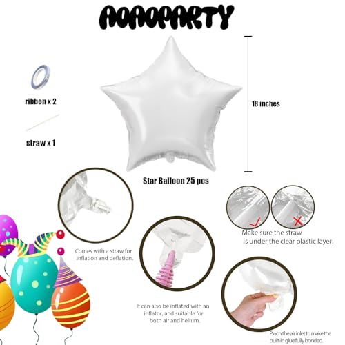 Image of 25Pcs White Star Shaped Foil Mylar Helium Balloons 18 Inch for Birthday Wedding Anniversary Engagement Party Decorations Supplies