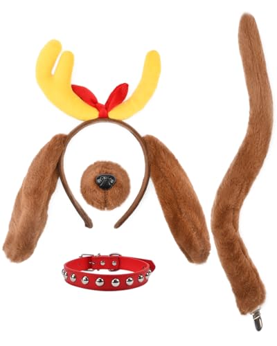 HODRME 4 Pieces Antler Dog Ears and Tail Set-Yellow Dog Headband with Collar Nose Tail Christmas Cosplay Halloween Costume Accessoies for Kids and Adults