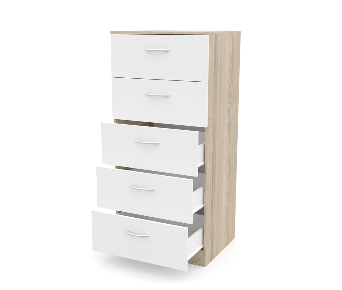 DORMIDAN- Sinfonier 5 cajones guías metálicas, cómoda Dormitorio, Altura 110cm. (Roble cajones Blanco)