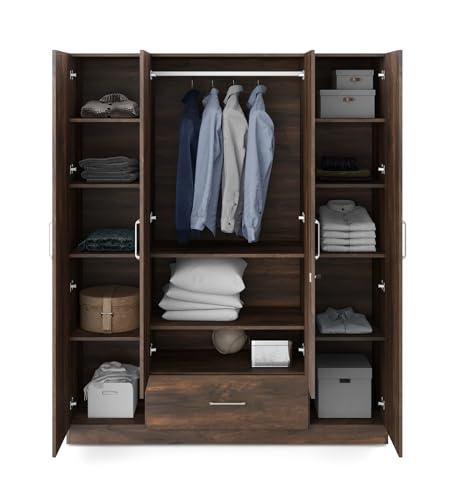 Image of Nexel 4 Door Wardrobe | Engineered Wood | Natural Teak Finish | Spacious Storage with Drawers, Shelves & Hanger | Elegant and Durable | Knock Down | 36 Months Warranty