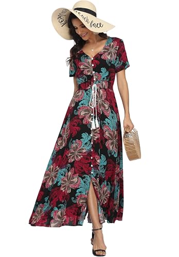 Image of VintageClothing Women's Floral Maxi Dresses Boho Button Up Split Summer Casual Long Dress Beach Party Dress