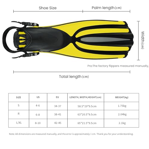 TUDIVING-Diving Fins Long Silicone Flippers Swim Equipment Snorkel Fins New Professional Scuba Fins Adults Men Women (Yellow, L/XL | US 10/12)