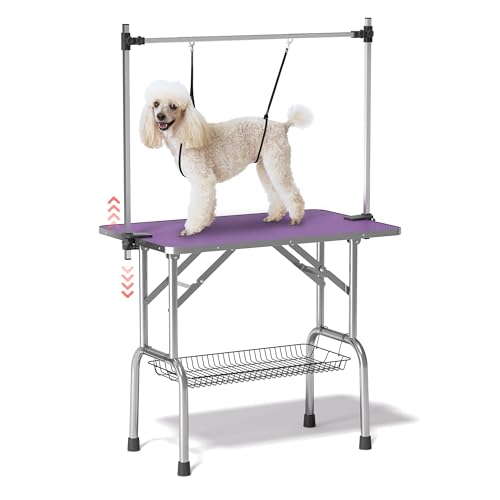 Lyromix Dog Grooming Table, Adjustable Large Pet Drying Desktop, Foldable Bathing Desk with Arms, Noose, Mesh Tray, Maximum Capacity Up to 330Lb