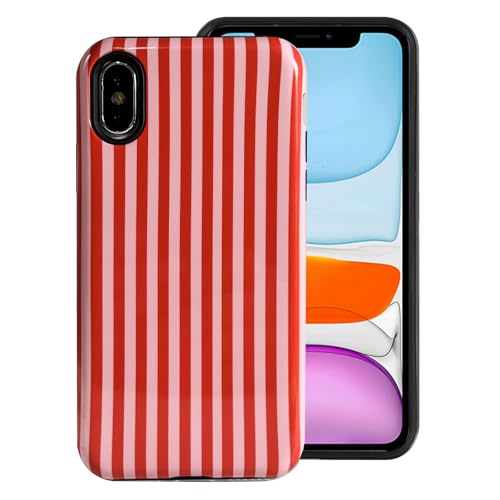 Image of Draamvol for iPhone X/XS Case, Cute Striped Dual Layer Soft TPU Bumper & Hard PC Back Slim Shockproof Protective Anti-Scratch Cover for Women Girls, Red
