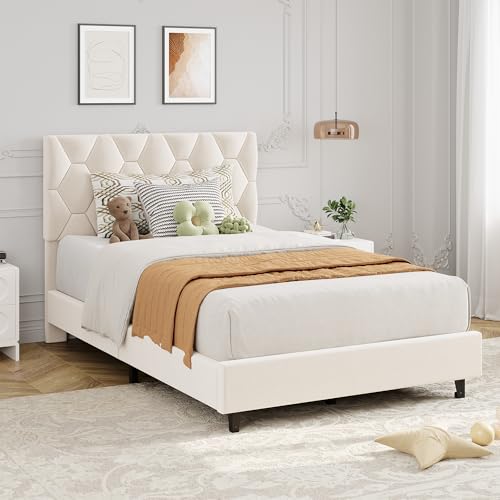GAOMON Beige Twin Upholstered Bed Frame, Heavy-Duty Platform Bed Frame with Upholstered Headboard & Strong Wood Slats, No Box Spring Needed/Noise Free/Easy Assembly