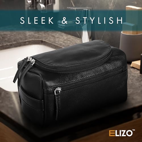 ELIZO Premium REAL Leather Toiletry Bag for Men Dopp Kitt Hanging Mens Toiletry Large TSA Toiletries Bag Shaving Grooming Bag Organizer Black2