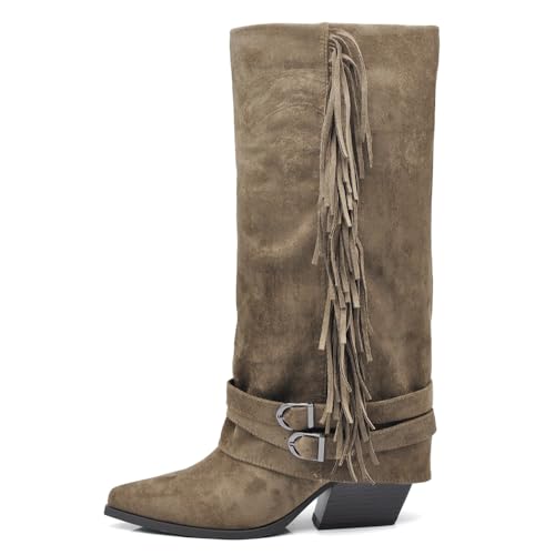 IF Stivali Texani da Donna Cowboy Cowgirl in Camoscio Sintetico con Frange Cinturini e Fibbie Stile Camperos con Ghetta G709 Khaki N.39