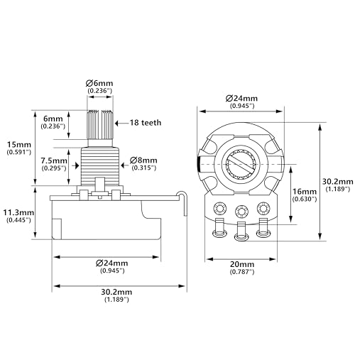 Image of Banworks Aluminium B500K M8 Full Sized Pots Metric 18-Spline Split Short Shaft (15mm Length) Audio Taper Potentiometers with Sealed-Back for Epiphone Les Paul LP /SG Squier Strat /Tele 4pcs JT /XNQ-10