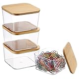 OGANAZI 4 Stück Durchsichtige Organizer mit Bambus Deckel Klein Klammernspender Büro Klammern Box Schreibtisch Kunststoff Aufbewahrungsboxen für Büroklammern, Paper Clip, Briefklammern 7,7x7,7x5,5cm