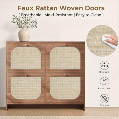 Rattan Shoe Cabinet for Entryway with 4 Flip Drawers, 9.5" Narrow Shoe Rack, Boho Slim Shoe Storage Organizer with Adjustable Shelves, Anti-Tip Safety, 9.5" D x 39.4" W x 35.5" H by Nicetree - Image 7