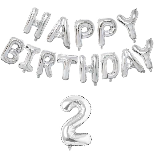 Image of Flyloons 2nd Silver Colour Happy Birthday Foil Balloon Set for 2 Year Old Boys Girls Baby | with Number Two | 13 Letters Reusable Happy Birthday Metallic Foil Balloons Decoration Kit, 14 Pcs