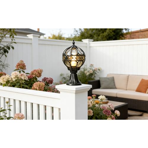 Chao Zan Vintage Außen Wegeleuchte Stehleuchte aus Aluguss und Glas, Farbe Schwarz, Fassung E27,Wetterfest IP55 Wegelampe Aussenlampe für Balkon Rasen Terrassen und Gartenbeleuchtung