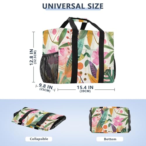 Tropical Leaves and Flowers Tote Utility Bag Foldable Tote Bag For Beach With Pockets Resusable Shopping Bags with Handles Travel Laundry Bags3
