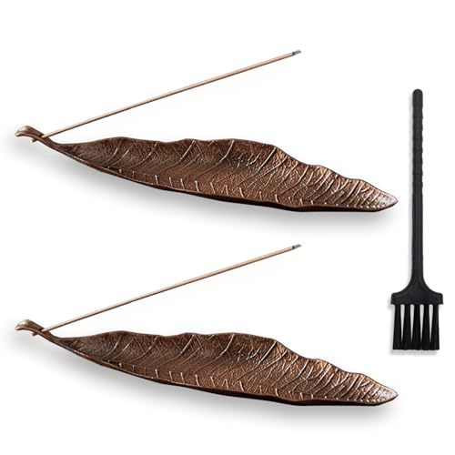 2 Piezas de Bronce Incienso Titular de Las Hojas de Metal, Quemador de Incienso Ash Catcher, Ceniza Adecuado para Palos de Incienso, Ideal para la meditación, el Yoga, Mini Escoba Incluido