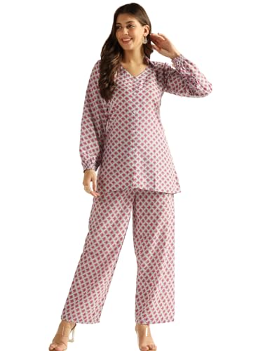 Image of DHRUVI TRENDZ Co Ord Set for Women Stylish | Ethnic Cotton Casual Cord Set | Stylish Summer Kurta & Pant Set | Casual Daily Outfit Night Suit for Women | Full Sleeve Top with Relaxed Fit Trousers